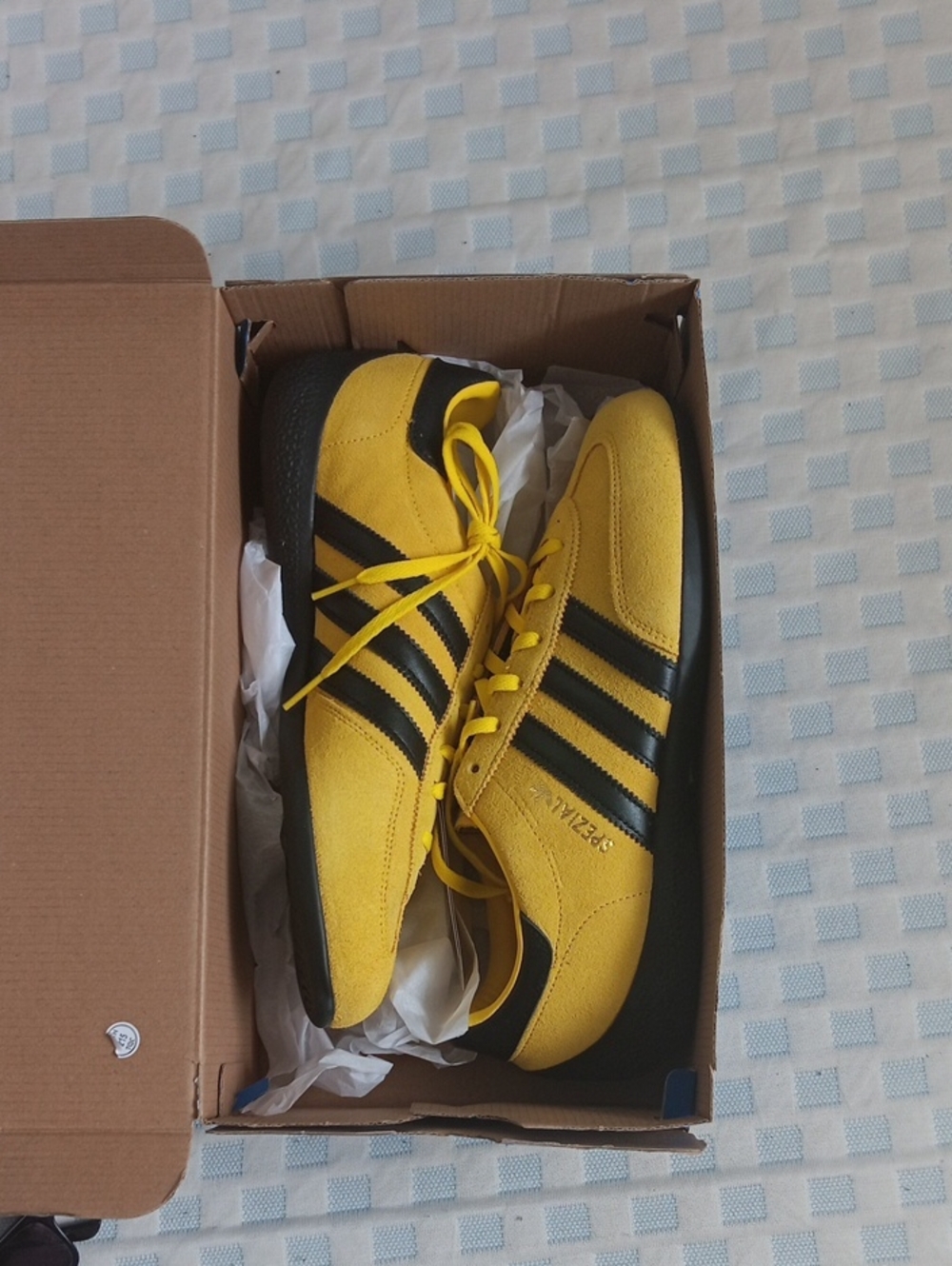 Adisas Spezial Yellow Athletic Suede Sneakers with Black Stripes - Women's